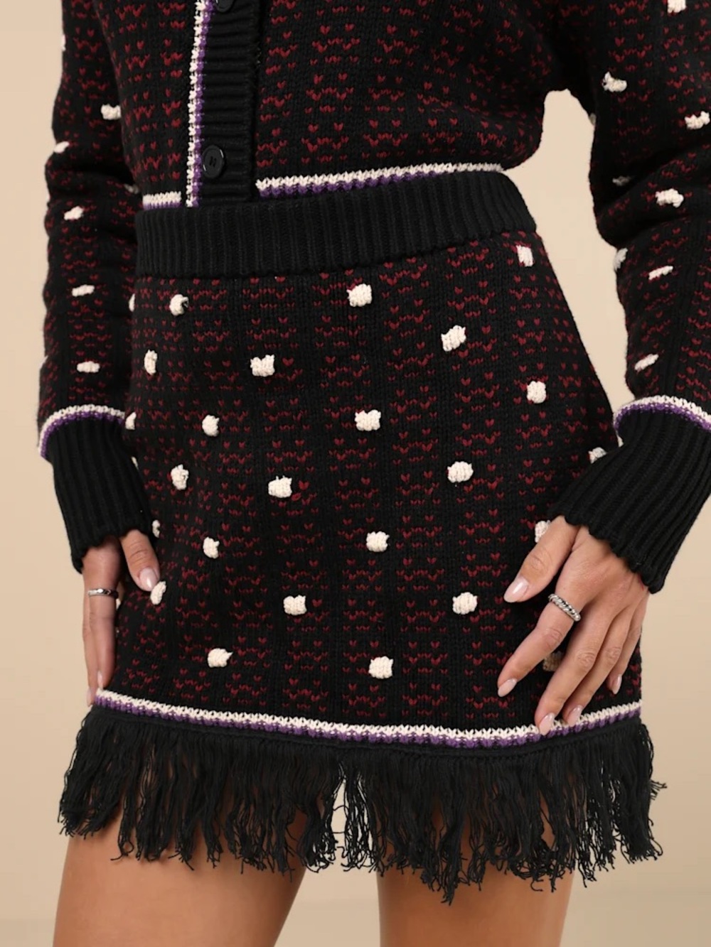 Mutma Fringed Knit Mini Skirt in Black and Red - worn once
